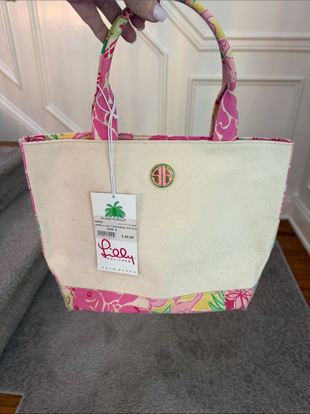 Lilly Pulitzer Cream Canvas Tote with Pink Floral Trim
